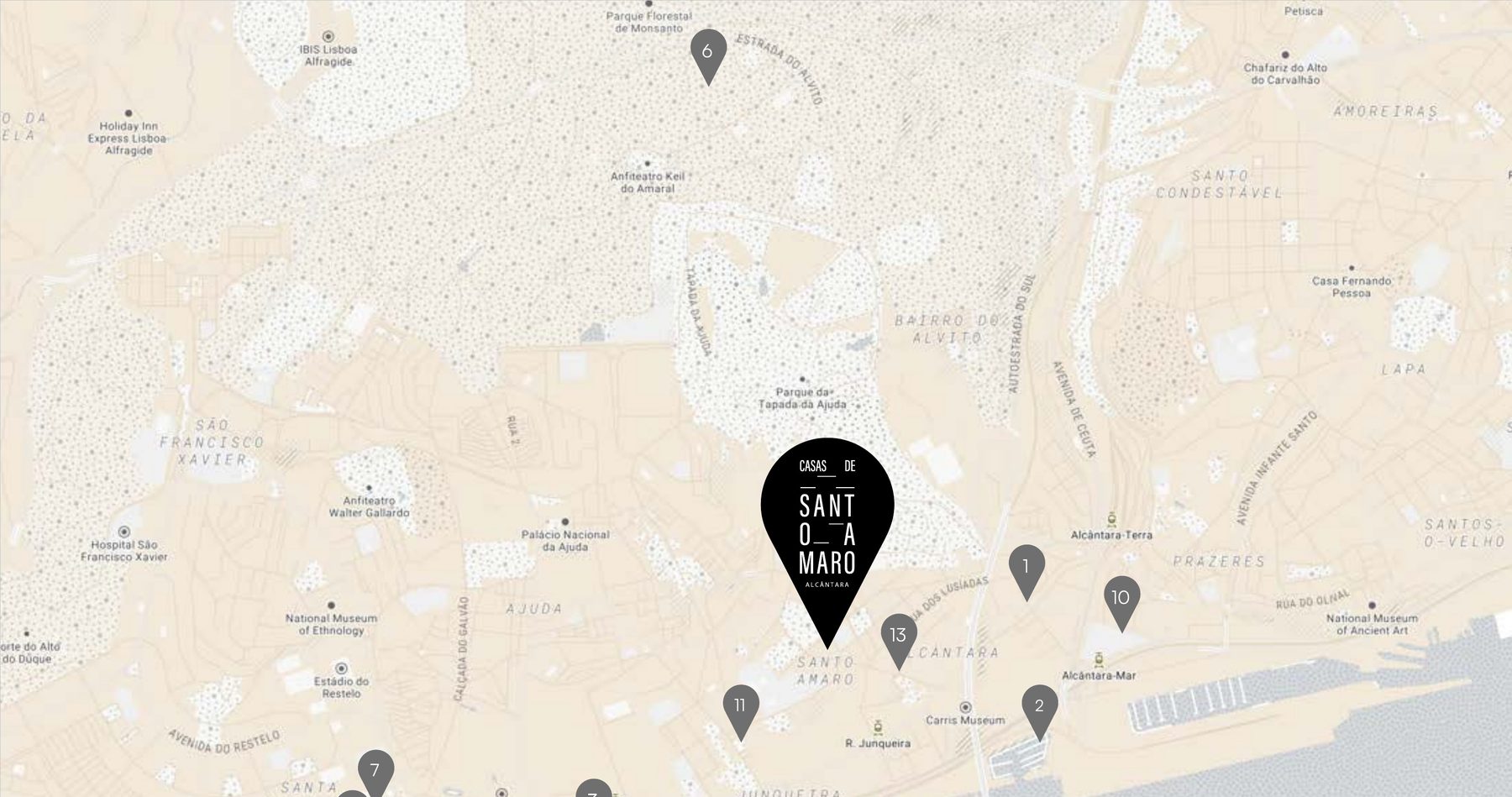 Mapa da zona de Alcântara com a localização das Casas de Santo Amaro