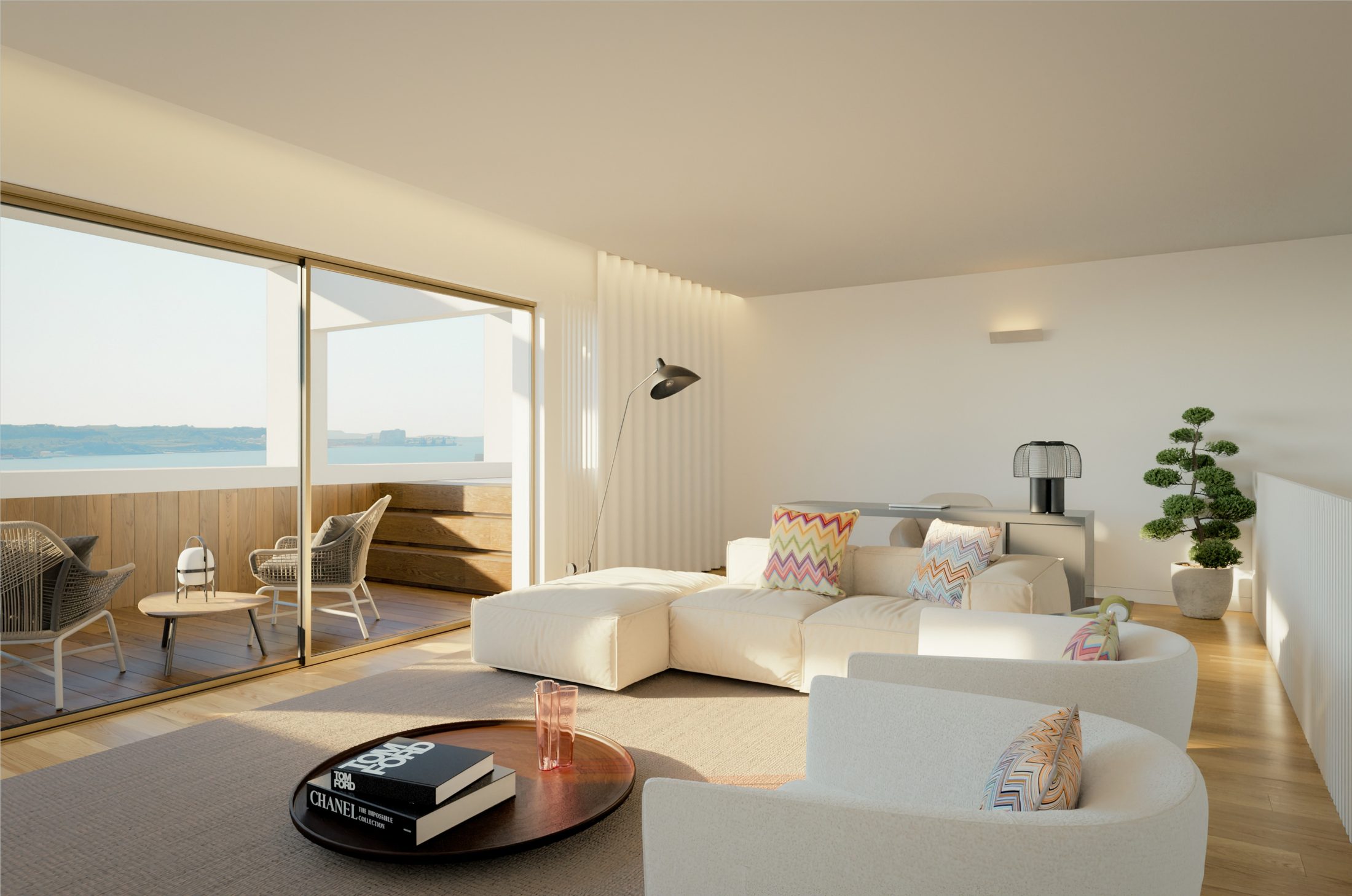 Sala do piso 2 aberta para o terraço, com vista sobre o rio Tejo